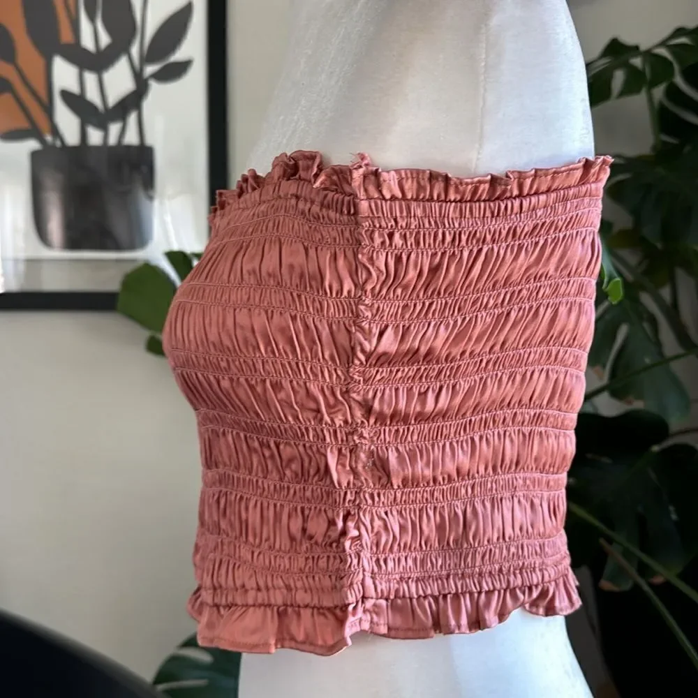 NWOT Free People Be Right Back Tube Smocked Ruffled Rose Gold Strapless Shiny